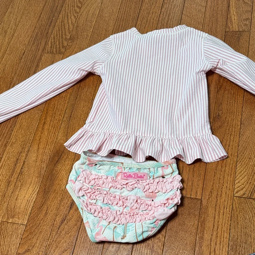 Kids Pink Striped Ruffle Rash Guard Swim Top with Flamingo Briefs ruffle butt